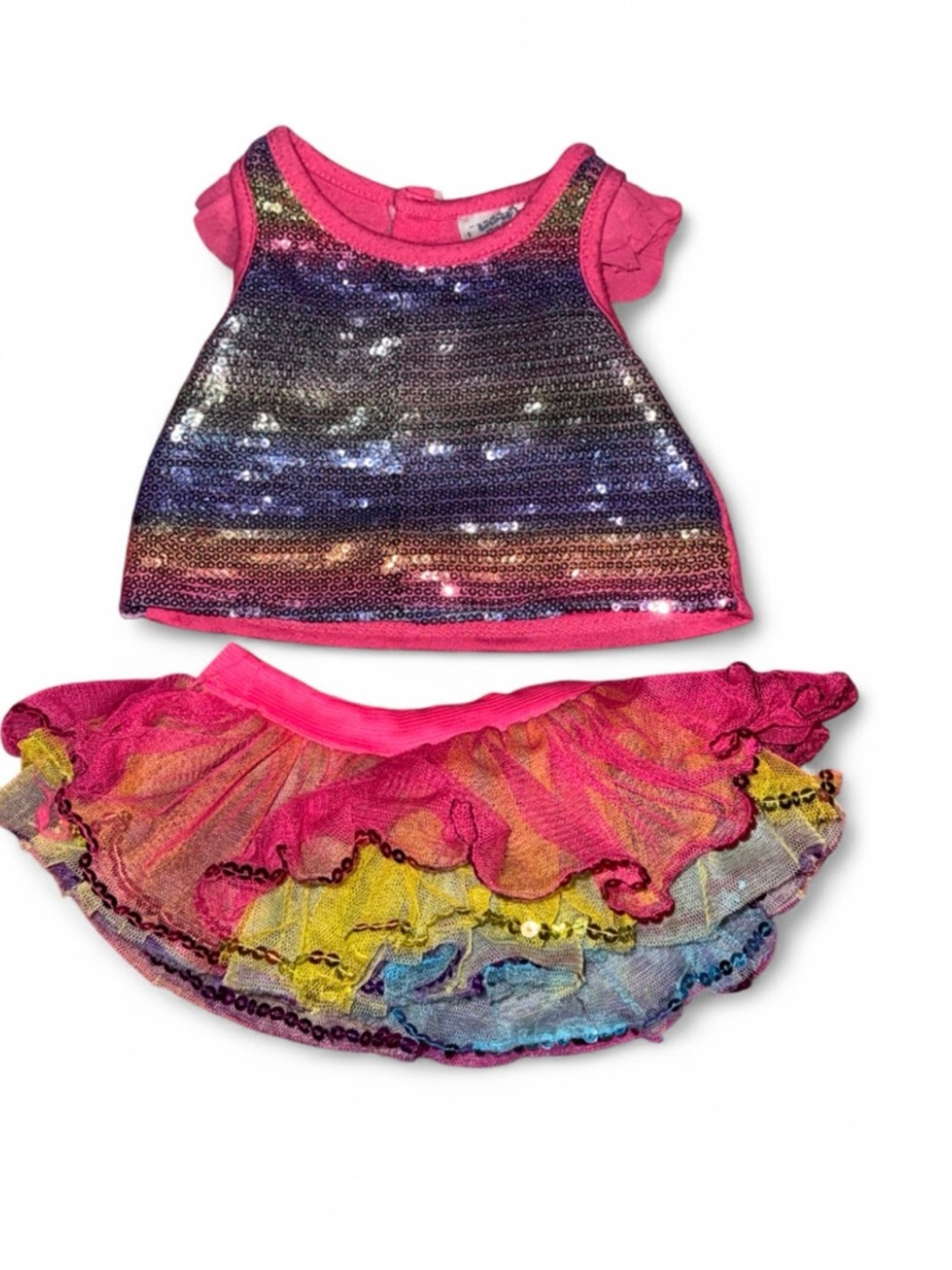 Build-A-Bear Pink Sequin Rainbow Tank & Multicolor Ruffle Tutu